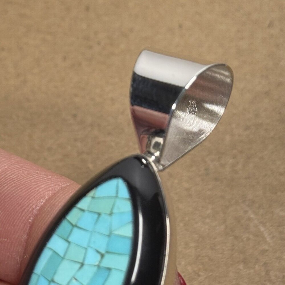 Jay King Black Chalcedony & Turquoise Necklace Mosaic Pendant Sterling Silver - Picture 11 of 11